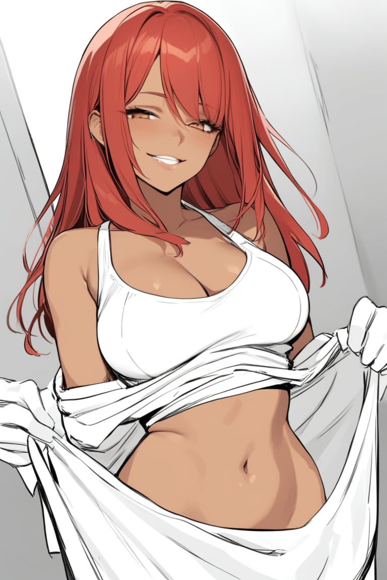 1girl, solo,solo_focus,thick,dark_skinned_female, looking at viewer, dress, smirk (masterpiece,best quality:1.2),ptn,official_art),monochrome ,brown_skin,red_hair,partially_colored,undressing,belly_peek,lifted_by_self