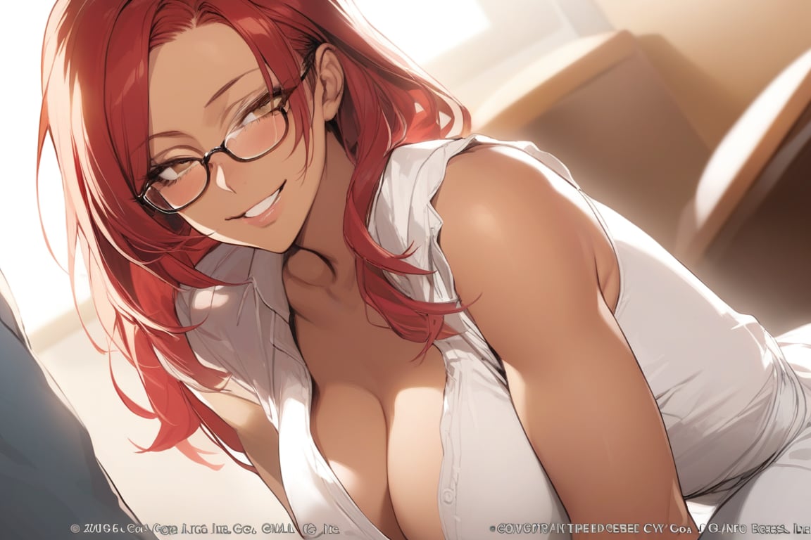 1girl, solo,mature_female,milf,solo_focus,glasses,female_teacher,thick,dark_skinned_female, looking at viewer, dress, smirk (masterpiece,best quality:1.2),official_art),brown_skin,red_hair, forehead,partially_colored,toned_body,teacher
