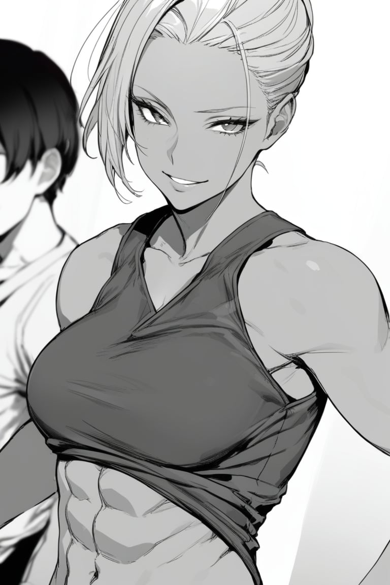 1girl, solo,solo_focus,thick,dark_skinned_female, looking at viewer, singlet,smirk,toned_abs,(masterpiece,best quality:1.2),ptn,official_art),monochrome ,brown_skin,greyscale,hair_pulled_back