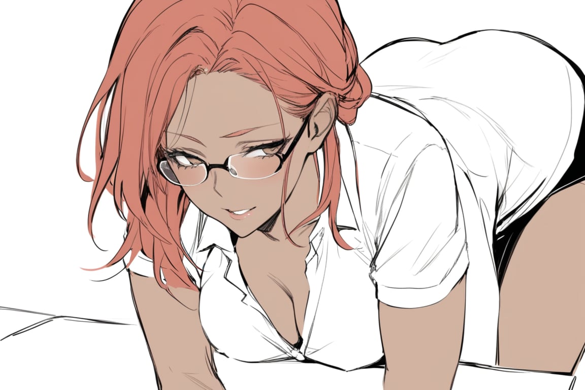 lineart,1girl,mature_woman,clevage,white_shirt,,solo_focus,red_hair,office_lady,hair_vents,forehead,glasses,naughty_expression,(masterpiece,best quality:1.2),dark_skin,greyscale,brown_skin