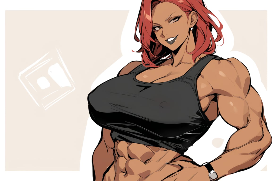 lineart,1girl,mature_female,solo_female,(masterpiece, best quality:1.2),looking at viewer, black_lipstick,milf, mature woman,abs,tank_top,brown_skin,dark_skin,red_hair,black_lipstick,bad_prompt_version2,,smirk,abs,forehead,hair_intakes,solo,cowboy_shot,solo