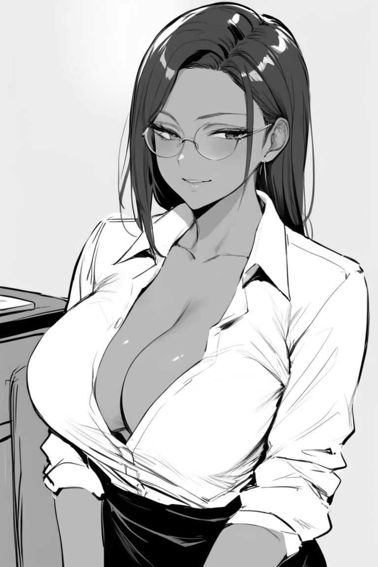 ,1girl,mature_woman,clevage,white_shirt,,solo_focus,red_hair,office_lady,slicked_back_hair,slicked,glasses,naughty_face,(masterpiece,best quality:1.2),monochrome,dark_skin, black_hair,dark_skin,solo_female, grayscale, round_glasses,collarbone,cleavage, partially_opened_shirt,