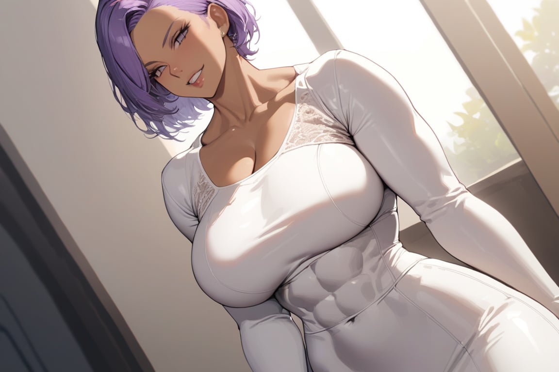 1girl,muscular_body,mature_female,white_dress,full_sleeves,plump_lips,undercut_haircut,very_short_hair,purple_hair,smirk,forehead,(masterpiece,best quality:1.2) , UHD),brown_skin,abs,standing,dutch_angle,more detail XL,undercut,dark_skin