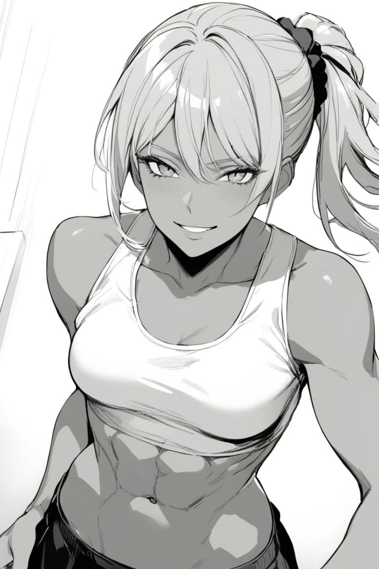 1girl, solo,solo_focus,thick,dark_skinned_female, looking at viewer, singlet,smirk,toned_abs,(masterpiece,best quality:1.2),ptn,official_art),monochrome ,brown_skin,greyscale,hair_scrunchie