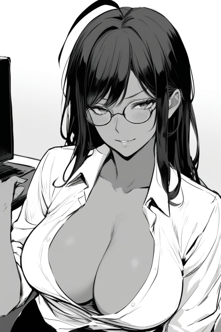 ,1girl,mature_woman,clevage,white_shirt,,solo_focus,red_hair,office_lady,ahoge,glasses,naughty_face,(masterpiece,best quality:1.2),monochrome,dark_skin, black_hair,dark_skin,solo_female, grayscale, round_glasses,collarbone,cleavage, partially_opened_shirt,