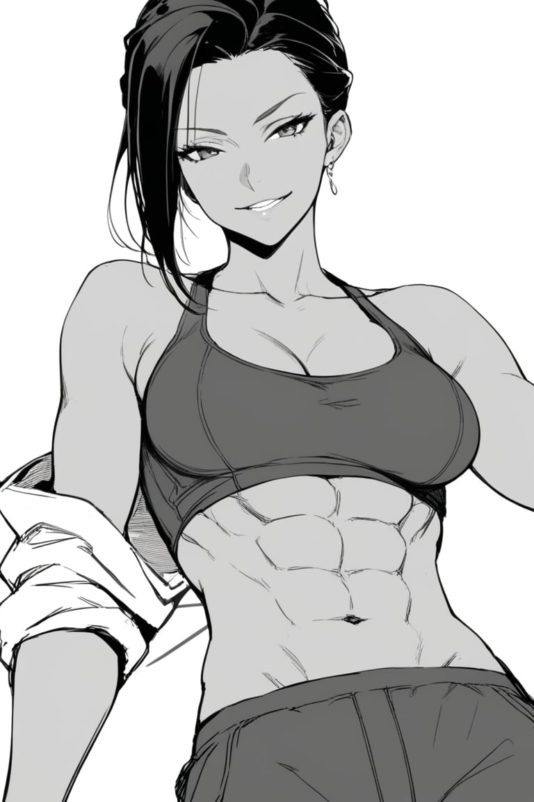 1girl, solo,solo_focus,thick,dark_skinned_female, looking at viewer, singlet,smirk,toned_abs,(masterpiece,best quality:1.2),ptn,official_art),monochrome ,brown_skin,greyscale,lineart,extra_dark,black_hair,hair_slicked_back