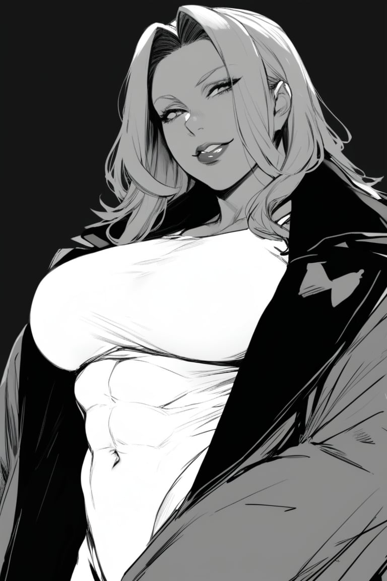 1girl,muscular_body,covered_navel,black_background,thick_lips,plump_lips,muscular_female,mature_female,solo_female,(masterpiece, best quality:1.2),looking at viewer, black_lipstick,white_dress,greyscale,monochrome,overcoat,brown_skin,brown_skin,black_hair,greyscale,black_lipstick,bad_prompt_version2,smirk,forehead,hair_intakes,solo,dutch_angle,solo,plump_lips,navel,covered_abs, black_coat