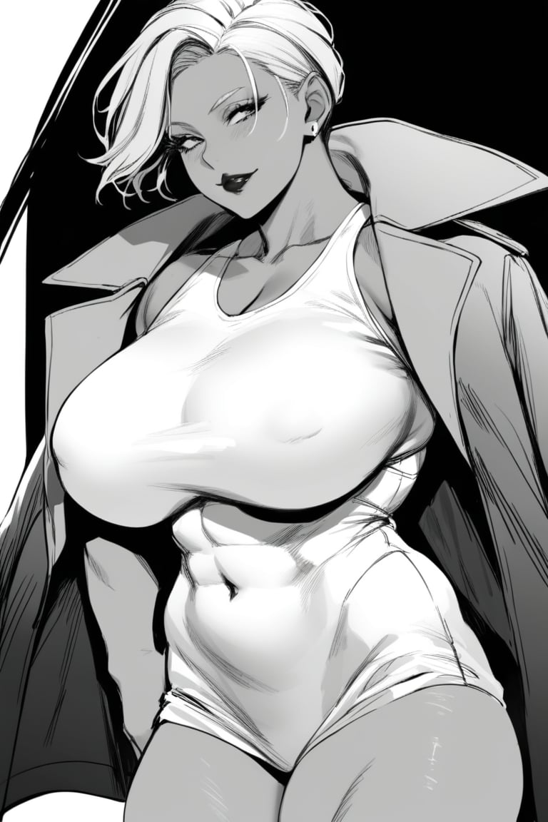 1girl,muscular_female,very_short_hair,covered_navel,black_background,thick_lips,plump_lips,muscular_female,undercut,solo_female,(masterpiece, best quality:1.2),looking at viewer, black_lipstick,white_dress,greyscale,monochrome,overcoat,brown_skin,brown_skin,greyscale,black_lipstick,bad_prompt_version2,smirk,solo,dutch_angle,solo,plump_lips,navel,undercut_hairstyle,,very_short_hair