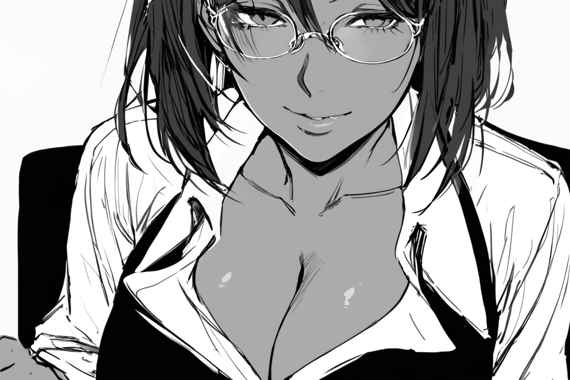 ,1girl,mature_woman,clevage,white_shirt,,solo_focus,red_hair,office_lady,ahoge,glasses,naughty_face,(masterpiece,best quality:1.2),monochrome,dark_skin, black_hair,dark_skin,solo_female, grayscale, round_glasses,collarbone,cleavage, partially_opened_shirt,