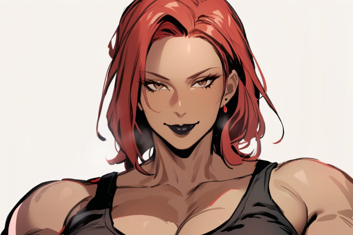 1girl,mature_female,solo_female,(masterpiece, best quality:1.2),looking at viewer, black_lipstick,milf, mature woman,abs,tank_top,brown_skin,dark_skin,red_hair,black_lipstick,bad_prompt_version2,,smirk,abs,forehead,hair_intakes,solo,artwork