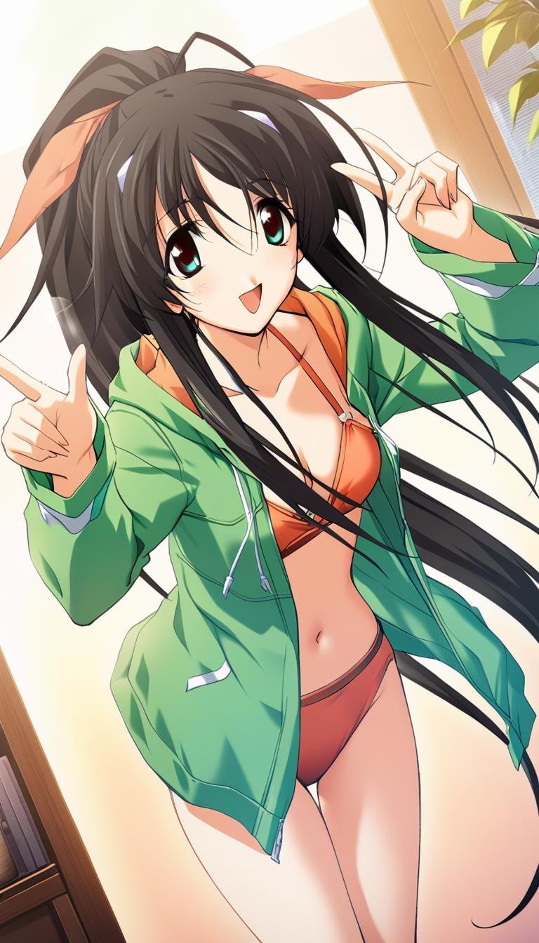 1girl,Misasagi Inori, hairclip, orange swimsuit,happy,open mouth,  ponytail, orange bikini,navel, open jacket, green jacket, open clothes, double v,hair ribbon,masterpiece,solo, best quality, game cg,(illustration:1.2),(extremely fine and beautiful),(perfect details),(unity CG 8K wallpaper:1.05),(ray tracing),(beautiful and clear background:1.25),(depth of field:0.6). (detailed beautiful eyes:1.2),(beautiful face:1.2),(hair blowing with the wind:1.1),<lora:inori:1>