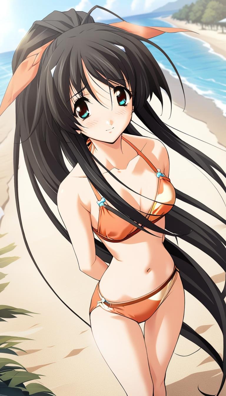 1girl,Misasagi Inori, hairclip, orange swimsuit,blush,shy, light smile,ponytail, orange bikini, full body,sandals, seaside,arms behind back,navel, hair ribbon,masterpiece,solo, best quality, game cg,(illustration:1.2),(extremely fine and beautiful),(perfect details),(unity CG 8K wallpaper:1.05),(ray tracing),(beautiful and clear background:1.25),(depth of field:0.6). (detailed beautiful eyes:1.2),(beautiful face:1.2),(hair blowing with the wind:1.1),<lora:inori:1>