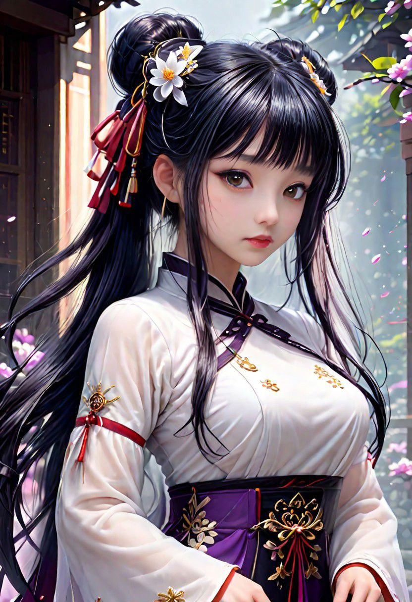 (masterpiece, best quality, ultra-detailed, best shadow), (detailed background,dark fantasy), (beautiful detailed face), high contrast, (best illumination, an extremely delicate and beautiful), ((cinematic light)), colorful, hyper detail, dramatic light, intricate details,fantasy, (1little cute girl, black ponytail hair,big orange eyes, big breasts, (translucent white hanfu:1.3), bareshoulders,navel,dynamic angle), depth of field,golden light particles,(broken purple glass),magic circle,multi-color eyes, hyper detailed, highly detailed, beautiful, small details, ultra detailed, best quality, 4k, (good anatomy)