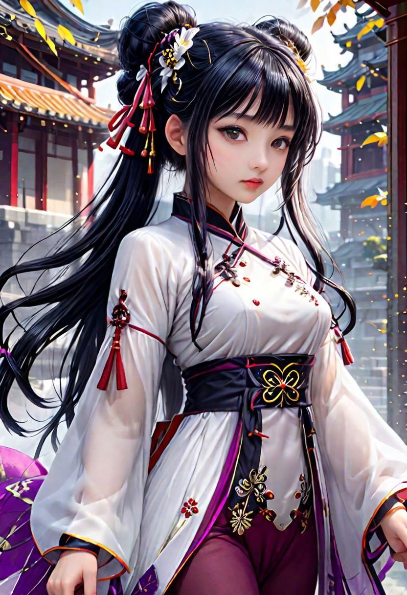 (masterpiece, best quality, ultra-detailed, best shadow), (detailed background,dark fantasy), (beautiful detailed face), high contrast, (best illumination, an extremely delicate and beautiful), ((cinematic light)), colorful, hyper detail, dramatic light, intricate details,fantasy, (1little cute girl, black ponytail hair,big orange eyes, big breasts, (translucent white hanfu:1.3), bareshoulders,navel,dynamic angle), depth of field,golden light particles,(broken purple glass),magic circle,multi-color eyes, hyper detailed, highly detailed, beautiful, small details, ultra detailed, best quality, 4k, (good anatomy)