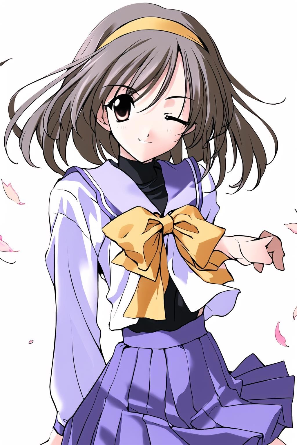 Yue Imasaka, yue imasaka\(sumisora uniform\), yue imasaka\(hairband\), yue imasaka\(black bodysuit\), 1girl, solo, one eye closed, petals, smile, simple background, white background <lora:YueImasakaV1:0.9>