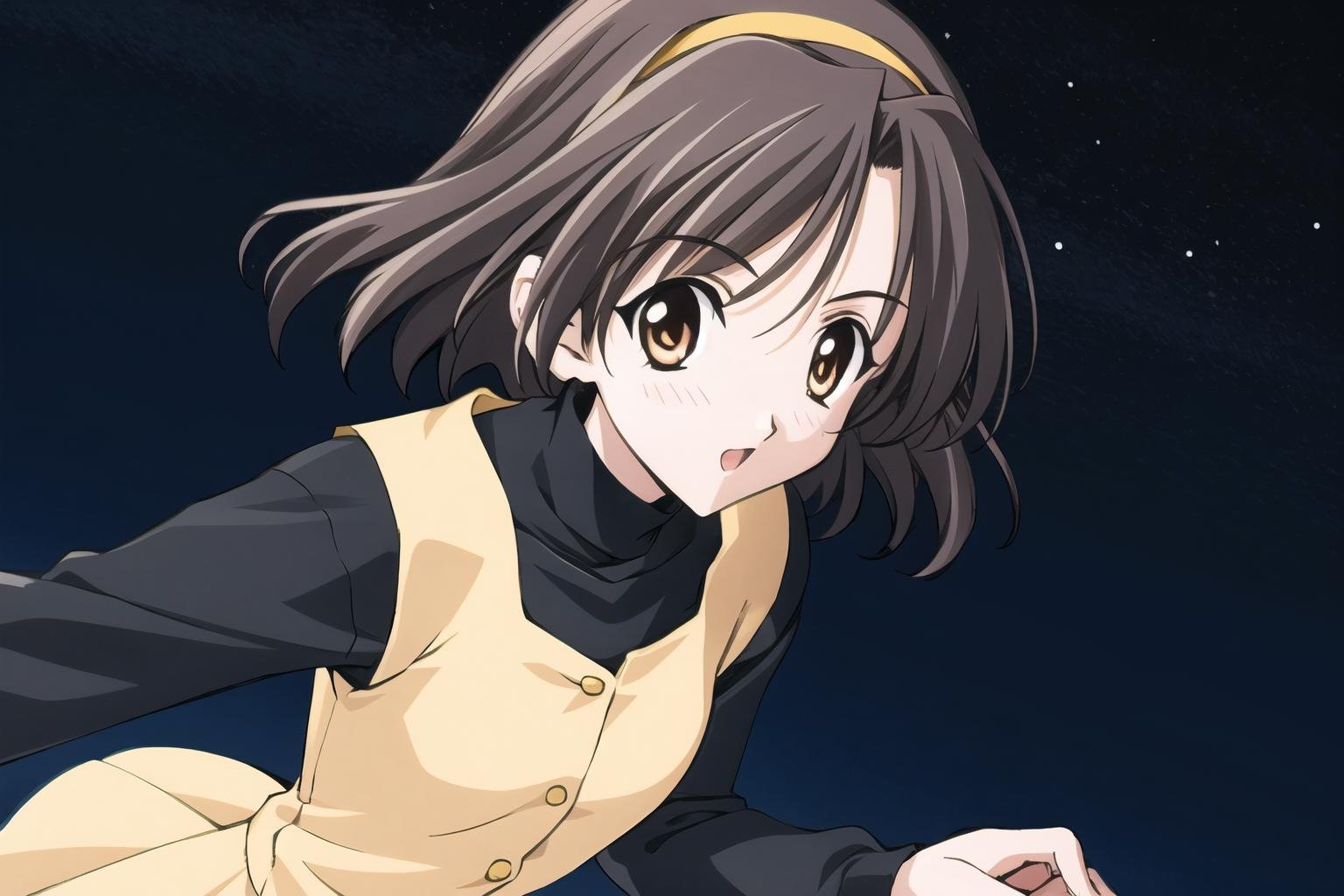 Yue Imasaka, yue imasaka\(yellow dress\), yue imasaka\(hairband\), yue imasaka\(black bodysuit\), 1girl, night, solo focus, sky, night sky, dark masterpiece,best quality,black long sleeves,beautifly eyes,yellow skirt, black long sleeves, <lora:YueImasakaV1:0.9>