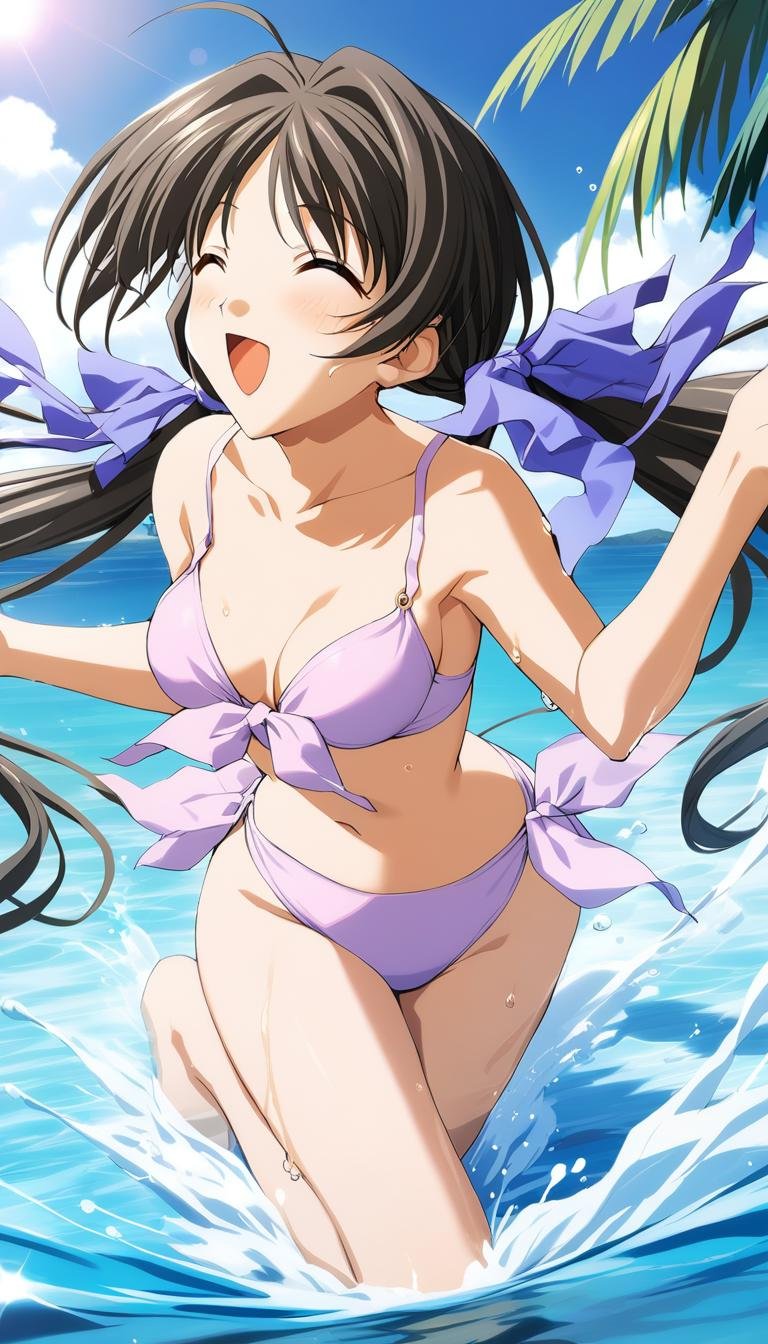 1girl,shirakawa hotaru,swimsuit,purple hair ribbon,masterpiece,solo, best quality, game cg, water,  splashing, ahoge, smile, open mouth,<lora:ShirakawaHotaruXL:1>