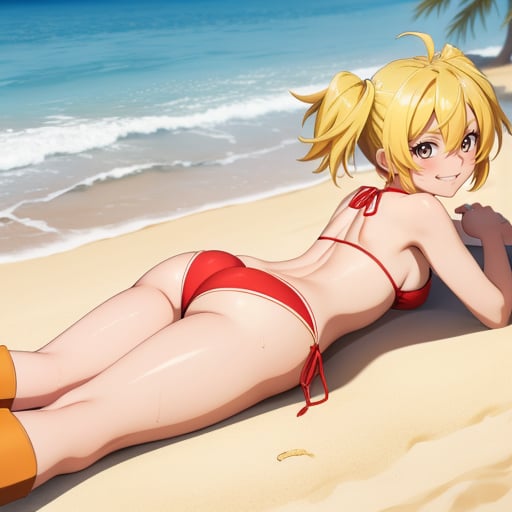 , masterpiece, Highest Quality, Highest Resolution, perfect background, perfect perspective, sharp image, perfect details, perfect lighting, perfect shadows, Perfect lighting, Best anime, background, 1girl, solo, twin tails, blond hair, hair in between eyes, boots, short hair, small breasts, red bikini, heavy blush, smile, skimpy, at beach, ocean, sand, palm trees, sky, sunny, sun, wet skin, laying on stomach, laying, from behind, closed legs, butt focus, above view, looking back at viewer, big butt, detailed skin, skin luster, medium thighs, on blue towel, 