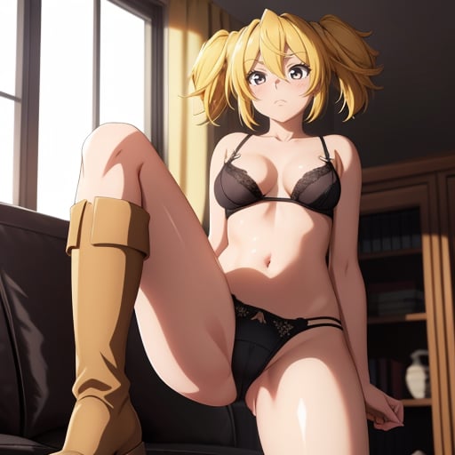 masterpiece, Highest Quality, Highest Resolution, perfect background, perfect perspective, sharp image, perfect details, perfect lighting, perfect shadows, Perfect lighting, Best anime, background, 1girl, solo, twin tails, blond hair, hair in between eyes, boots, short hair, modest breasts,  view from below, black lingerie, panties, braw, frown, blush, standing, indoors, living room, 