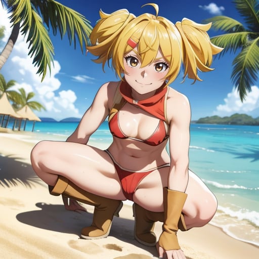 , masterpiece, Highest Quality, Highest Resolution, perfect background, perfect perspective, sharp image, perfect details, perfect lighting, perfect shadows, Perfect lighting, Best anime, background, 1girl, solo, twin tails, blond hair, hair in between eyes, boots, short hair, small breasts, red bikini, squatting, heavy blush, smile, skimpy, at beach, ocean, abs, sand, palm trees, sky, sunny, sun, wet skin, 