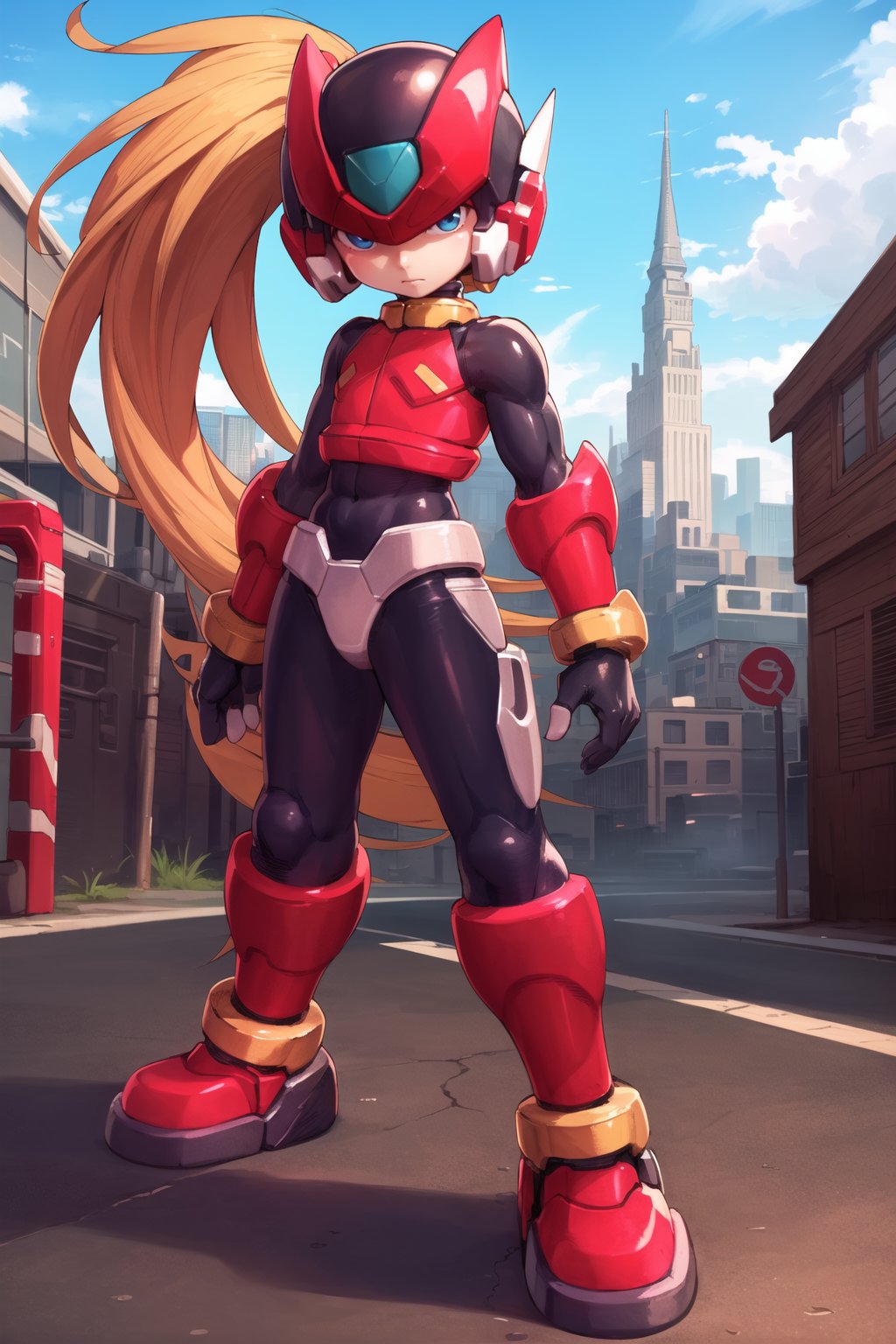 full body shot, highly detailed, detailed background, detailed futuristic city, zero_megaman, 1boy, solo, male focus, blue eyes, long hair, blonde hair, ponytail, gloves, helmet, android,zero_megaman