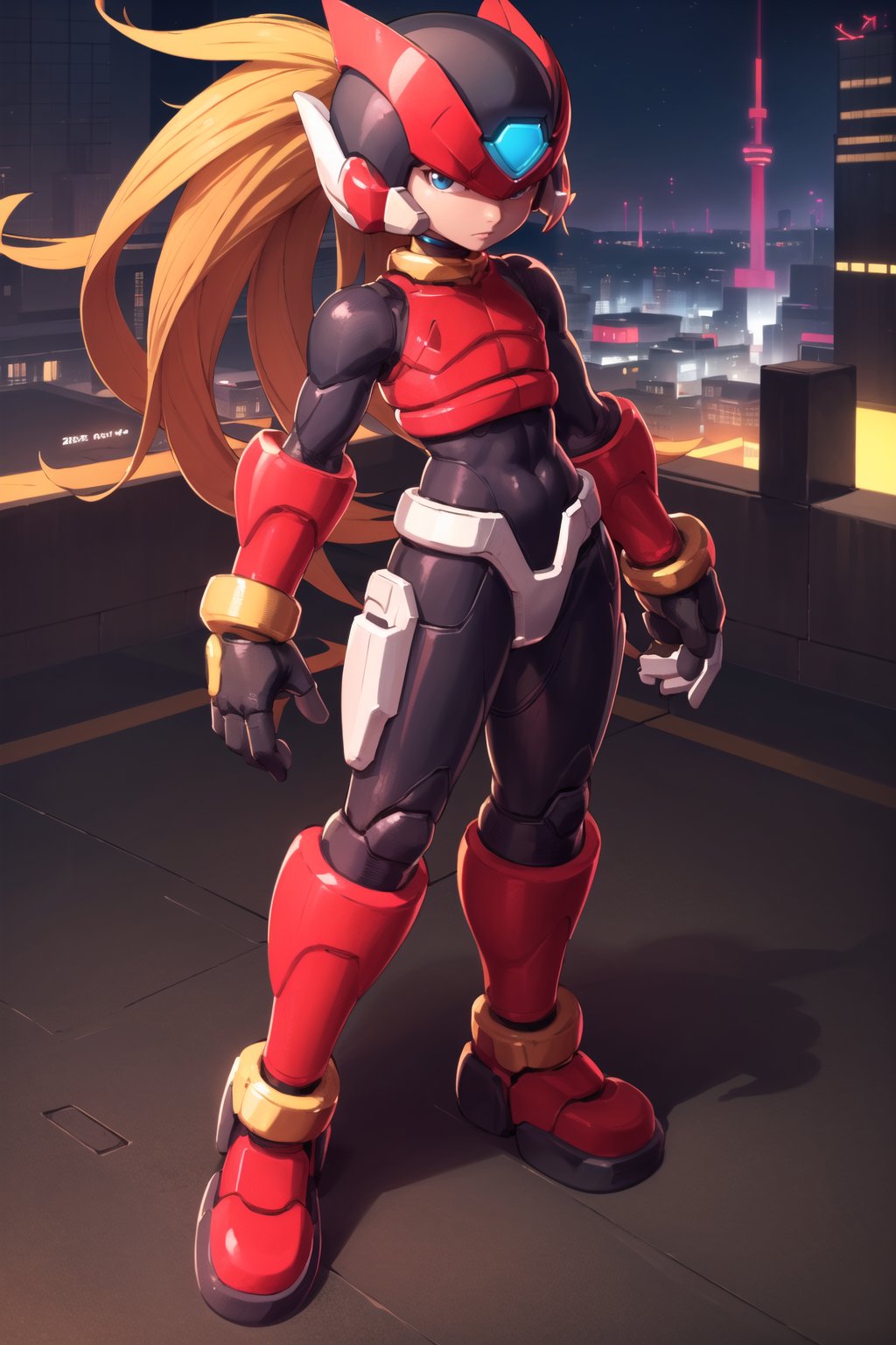 full body shot, highly detailed, detailed background, detailed futuristic city, zero_megaman, 1boy, solo, male focus, blue eyes, long hair, blonde hair, ponytail, gloves, helmet, android, holding handgun