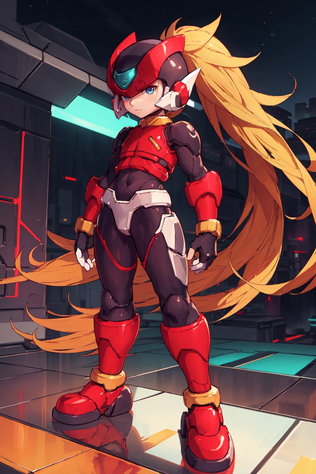 full body shot, highly detailed, detailed background, detailed futuristic city, zero_megaman, 1boy, solo, male focus, blue eyes, long hair, blonde hair, ponytail, gloves, helmet, android