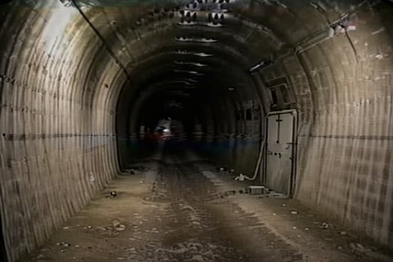 vhs footage, creepy image of inside a deep underground dimly lit military tunnel with an infinite long road