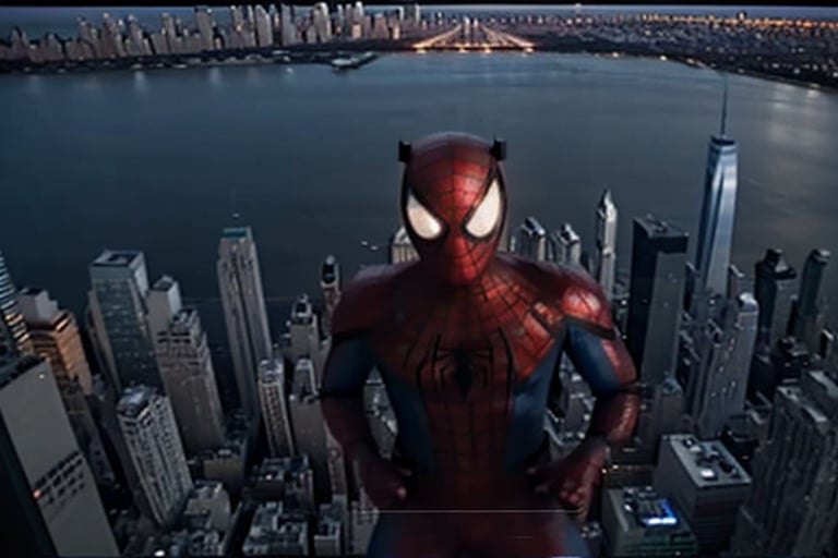 vhs footage,  spiderman, imposing and silent, observes new york from the top of a skyscraper at night