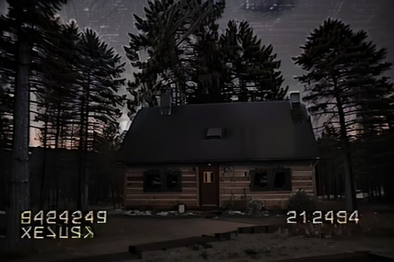 vhs footage, snowforest, wooden house, dark, creepy, night sky, starry sky