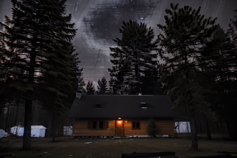 vhs footage, snowforest, wooden house, dark, creepy, night sky, starry sky