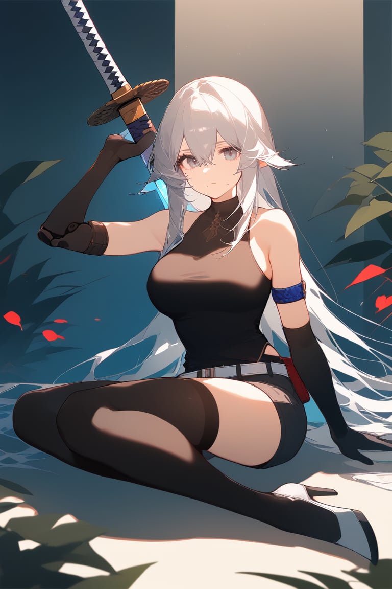 HareS, 1girl, (lineart), (chromatic_aberration), 1girl, weapon, solo, long_hair, sword, gloves, elbow_gloves, breasts, mole_under_mouth, mole, black_gloves, thighhighs, shorts, holding_weapon, large_breasts, holding, sitting, holding_sword, bare_shoulders, looking_at_viewer, flower, hair_between_eyes, white_hair, short_shorts, katana, black_shorts, black_thighhighs, high_heels, closed_mouth, armlet, tank_top, blue_eyes, very_long_hair, bangs, joints, grey_eyes,<lora:EMS-303984-EMS:1.100000>,<lora:EMS-290659-EMS:0.800000>