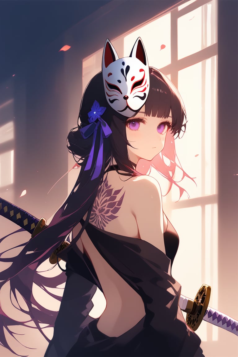 HareS, (lineart), ((chromatic_aberration)), 1girl, solo, mask, long_hair, mask_on_head, purple_eyes, black_hair, back_tattoo, weapon, looking_at_viewer, fox_mask, fishnets, sword, tattoo, looking_back, bangs, katana, ribbon, closed_mouth, hair_ribbon, from_behind, backless_outfit, sheathed, purple_ribbon, rtist_name, black_shirt, blush,<lora:EMS-303984-EMS:1.100000>,<lora:EMS-290659-EMS:0.900000>