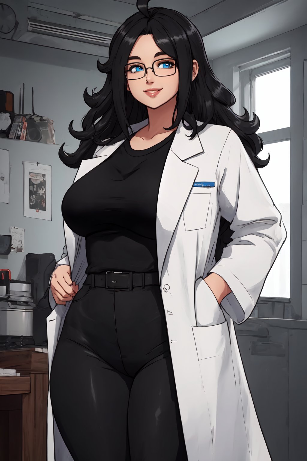 masterpiece, best quality, highly detailed background, perfect lighting, best quality, (extremely detailed face), volumetric lighting, intricate details, shadow, tonemapping, sharp focus, hyper detailed, trending on Artstation, (solo)
BREAK
(Black hair, curly hair,long hair, hair down, ahoge, blue eyes, wide hips, curvy_figure, thick-thighs, curvy, curvy_hips, slender_waist, big breasts, lips, glasses)
BREAK
(Black pants, labcoat over t-shirt)
BREAK
(Indoors, lab)
BREAK
(Looking at viewer, standing, front-view, light smile)