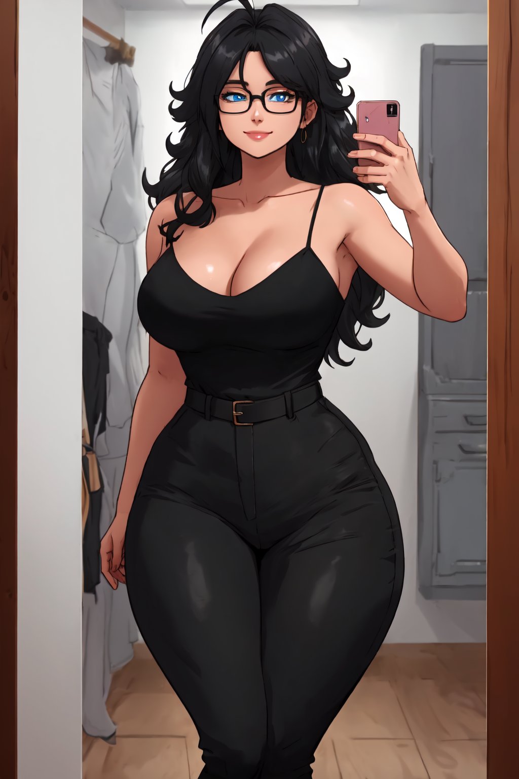 masterpiece, best quality, highly detailed background, perfect lighting, best quality, (extremely detailed face), volumetric lighting, intricate details, shadow, tonemapping, sharp focus, hyper detailed, trending on Artstation, (solo)
BREAK
(Black hair, curly hair,long hair, hair down, ahoge, blue eyes, wide hips, curvy_figure, thick-thighs, curvy, curvy_hips, slender_waist, big breasts, lips, glasses)
BREAK
(Black pants, t-shirt, bare shoulders, sleeveless, spaghetti straps, cleavage)
BREAK
(Indoors, fittingroom, selfie in front of mirror)
BREAK
(Looking at viewer, standing, front-view, light smile, closed mouth)