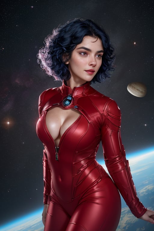 full body view, raw, photorealistic, real, perfect skin, real skin, realistic photo of a stunningly beautiful extremely heroic  face, italian model, wild hair, red crimson shirt,, she smile like gentle love goddess, very short hair, black hair, blue hair, expressive face ,she loves it so much.in  space ship, phenomenal image, high quality, sharp, perfect, beautiful, female, ultrarealistic, soft lighting, 8k