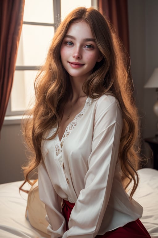 raw, photorealistic, real, perfect skin, real skin, realistic photo of a stunningly beautiful extremely innocent angelic face, ENGLISH model, wild hair, alizarin crimson shirt,, she smile like gentle love goddess, very long tresses, golden hair, brown hair, expressive face ,she loves it so much.in chic bedroom,phenomenal image, high quality, sharp, perfect, beautiful, female, ultrarealistic, soft lighting, 8k