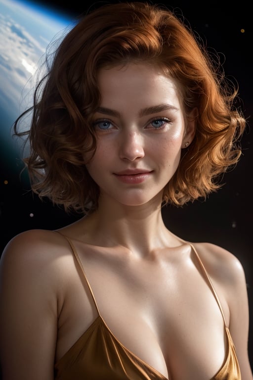 raw, photorealistic, real, perfect skin, real skin, realistic photo of a stunningly beautiful extremely heroic  face, italian model, wild hair, red crimson shirt,, she smile like gentle love goddess, very short hair, golden hair, brown hair, expressive face ,she loves it so much.in  space ship, phenomenal image, high quality, sharp, perfect, beautiful, female, ultrarealistic, soft lighting, 8k