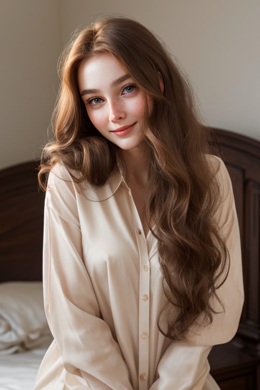 raw, photorealistic, real, perfect skin, real skin, realistic photo of a stunningly beautiful extremely innocent angelic face, FRENCH model, wild hair, alizarin crimson shirt,, she smile like gentle love goddess, very long tresses, golden hair, brown hair, expressive face ,she loves it so much.in chic bedroom,phenomenal image, high quality, sharp, perfect, beautiful, female, ultrarealistic, soft lighting, 8k