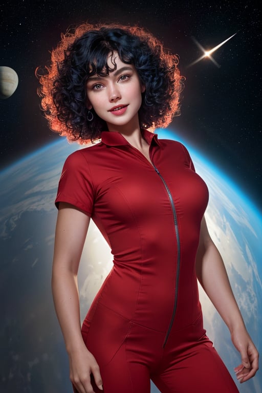 full body view, raw, photorealistic, real, perfect skin, real skin, realistic photo of a stunningly beautiful extremely heroic  face, italian model, wild hair, red crimson shirt,, she smile like gentle love goddess, very short hair, black hair, blue hair, expressive face ,she loves it so much.in  space ship, phenomenal image, high quality, sharp, perfect, beautiful, female, ultrarealistic, soft lighting, 8k