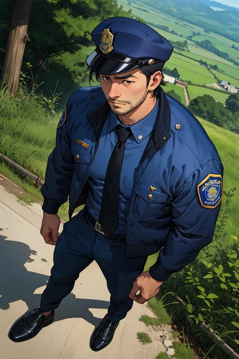 (1 image only), solo male, Agawa Daigo, Gannibal, Asian ,Japanese, black hair, short hair, (stubble), black eyes, policeman, white collared shirt, dark blue necktie, black jacket, long sleeves, buttoned up jacket, dark blue pants, black shoes, Japanese police peaked cap, mature, handsome, charming, alluring, perfect anatomy, perfect proportions, (best quality, masterpiece), (perfect eyes), perfect hands, high_resolution, dutch angle, cowboy shot, rural .pastoral,boichi manga style, creep, suspense,<lora:EMS-304048-EMS:0.600000>