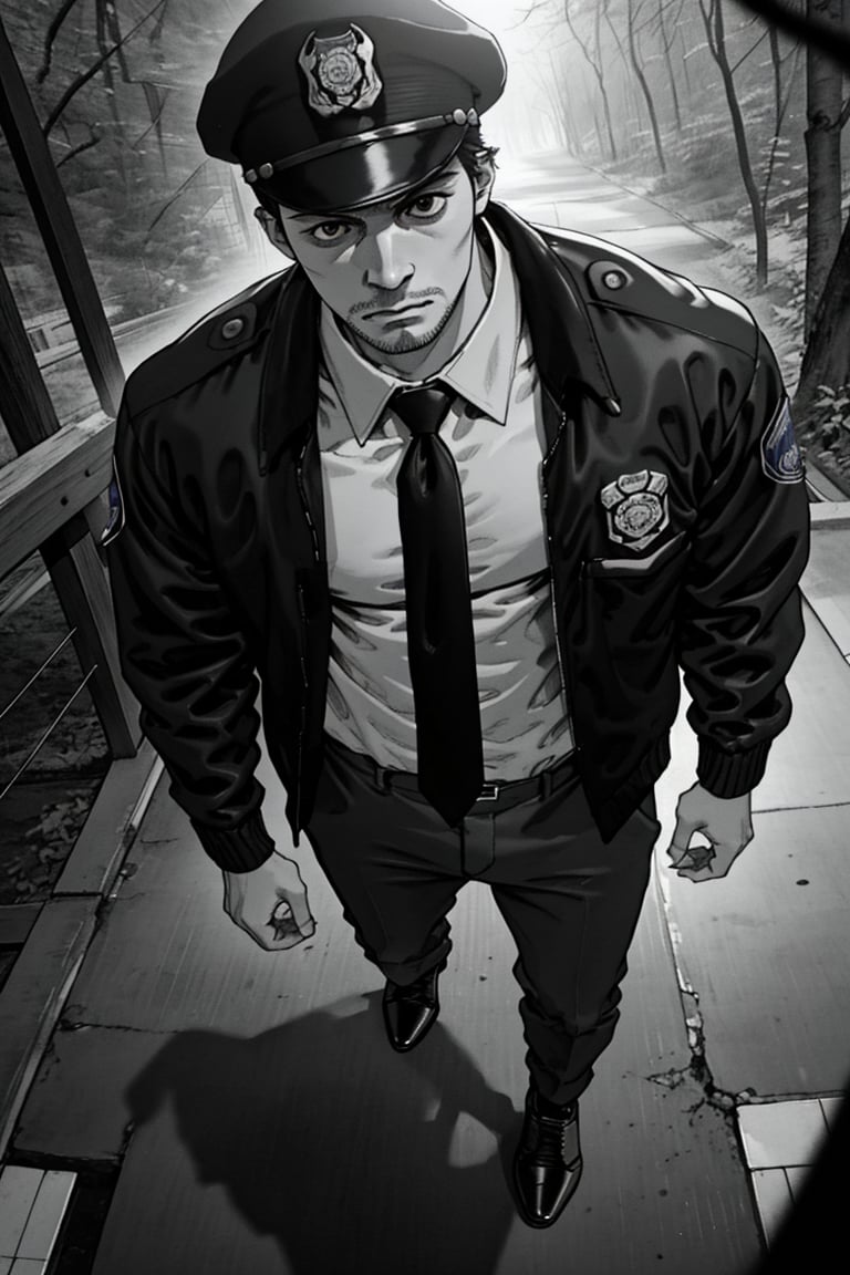 (1 image only), solo male, Agawa Daigo, Gannibal, Asian ,Japanese, black hair, short hair, stubble, black eyes, policeman, white collared shirt, dark blue necktie, black jacket, long sleeves, buttoned up jacket, dark blue pants, black shoes, Japanese police peaked cap, mature, handsome, charming, alluring, perfect anatomy, perfect proportions, (best quality, masterpiece), (perfect eyes), perfect hands, high_resolution, dutch angle, cowboy shot, rural .pastoral, forest, creep, suspense, horror, manga, greyscale, monochrome, best quality,<lora:EMS-304048-EMS:0.800000>,<lora:EMS-210120-EMS:0.300000>,<lora:EMS-13606-EMS:0.300000>