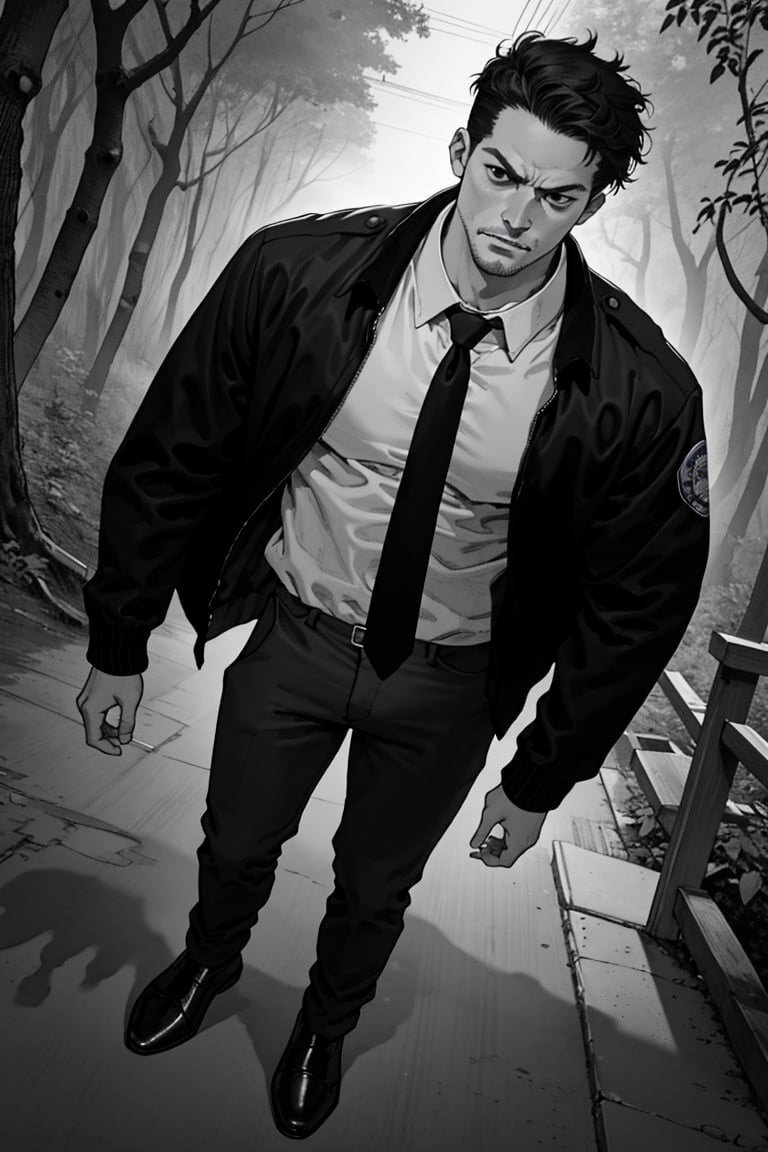 (1 image only), solo male, Agawa Daigo, Gannibal, Asian ,Japanese, black hair, short hair, stubble, black eyes, policeman, white collared shirt, dark blue necktie, black jacket, long sleeves, buttoned up jacket, dark blue pants, black shoes, mature, handsome, charming, alluring, perfect anatomy, perfect proportions, (best quality, masterpiece), (perfect eyes), perfect hands, high_resolution, dutch angle, cowboy shot, rural .pastoral, forest, creep, suspense, horror, manga, greyscale, monochrome, best quality,<lora:EMS-304048-EMS:0.800000>,<lora:EMS-210120-EMS:0.300000>,<lora:EMS-13606-EMS:0.300000>