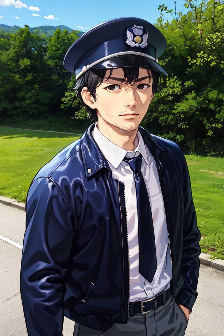 (1 image only), solo male, Agawa Daigo, Gannibal, Asian ,Japanese, black hair, short hair, (stubble), black eyes, policeman, white collared shirt, dark blue necktie, black jacket, dark blue pants, black shoes, Japanese police peaked cap, mature, handsome, charming, alluring, standing, upper body, perfect anatomy, perfect proportions, (best quality, masterpiece), (perfect eyes), perfect hands, high_resolution, dutch angle, cowboy shot, rural .pastoral,boichi manga style,<lora:EMS-304048-EMS:0.800000>