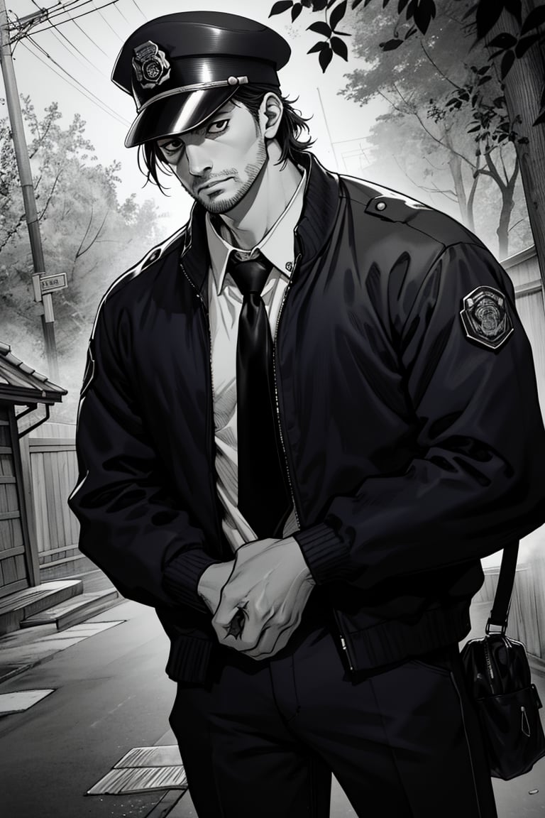 (1 image only), solo male, Agawa Daigo, Gannibal, Asian ,Japanese, black hair, short hair, (stubble), black eyes, policeman, white collared shirt, dark blue necktie, black jacket, long sleeves, buttoned up jacket, dark blue pants, black shoes, Japanese police peaked cap, mature, handsome, charming, alluring, perfect anatomy, perfect proportions, (best quality, masterpiece), (perfect eyes), perfect hands, high_resolution, dutch angle, cowboy shot, rural .pastoral, forest, creep, suspense, horror, manga, greyscale, monochrome,<lora:EMS-304048-EMS:0.600000>,<lora:EMS-210120-EMS:0.500000>