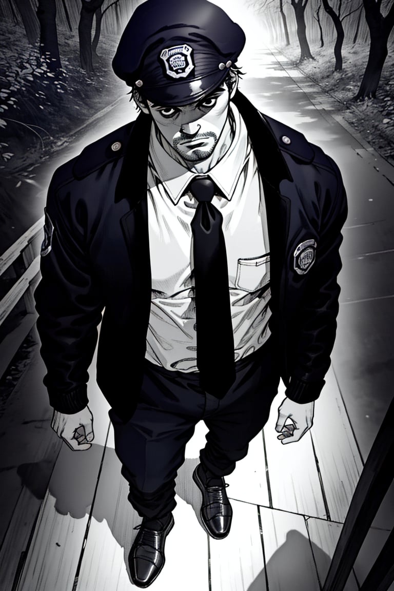 (1 image only), solo male, Agawa Daigo, Gannibal, Asian ,Japanese, black hair, short hair, (stubble), black eyes, policeman, white collared shirt, dark blue necktie, black jacket, long sleeves, buttoned up jacket, dark blue pants, black shoes, Japanese police peaked cap, mature, handsome, charming, alluring, perfect anatomy, perfect proportions, (best quality, masterpiece), (perfect eyes), perfect hands, high_resolution, dutch angle, cowboy shot, rural .pastoral, forest, creep, suspense, horror, manga, greyscale, monochrome,boichi manga style,<lora:EMS-304048-EMS:0.600000>,<lora:EMS-210120-EMS:0.600000>,<lora:EMS-13606-EMS:0.700000>