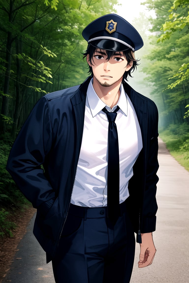 (1 image only), solo male, Agawa Daigo, Gannibal, Asian ,Japanese, black hair, short hair, (stubble), black eyes, policeman, white collared shirt, dark blue necktie, black jacket, long sleeves, buttoned up jacket, dark blue pants, black shoes, Japanese police peaked cap, mature, handsome, charming, alluring, perfect anatomy, perfect proportions, (best quality, masterpiece), (perfect eyes), perfect hands, high_resolution, dutch angle, cowboy shot, rural .pastoral, forest, creep, suspense,HORROR,<lora:EMS-304048-EMS:0.600000>,<lora:EMS-210120-EMS:0.500000>