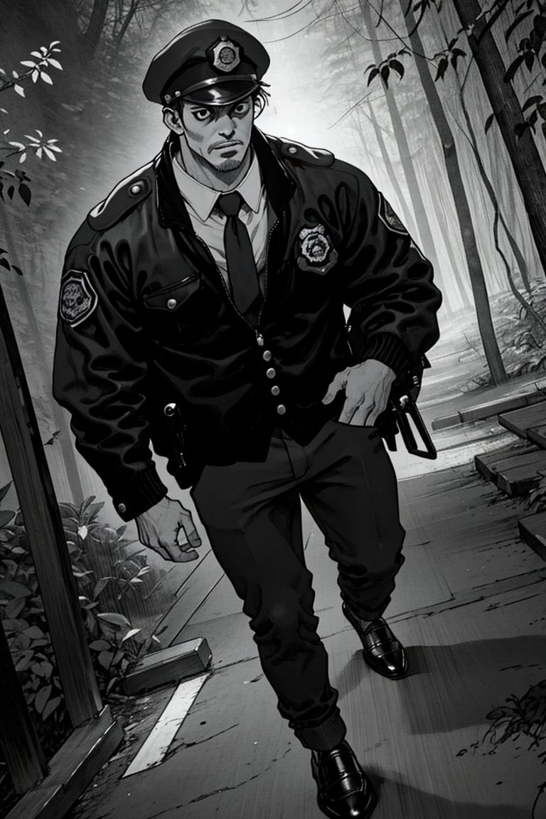 (1 image only), solo male, Agawa Daigo, Gannibal, Asian ,Japanese, black hair, short hair, stubble, black eyes, policeman, white collared shirt, dark blue necktie, black jacket, long sleeves, buttoned up jacket, dark blue pants, black shoes, Japanese police peaked cap, mature, handsome, charming, alluring, perfect anatomy, perfect proportions, (best quality, masterpiece), (perfect eyes), perfect hands, high_resolution, dutch angle, cowboy shot, rural .pastoral, forest, creep, suspense, horror, manga, greyscale, monochrome,boichi manga style,best quality,<lora:EMS-304048-EMS:0.800000>,<lora:EMS-210120-EMS:0.600000>,<lora:EMS-13606-EMS:0.500000>