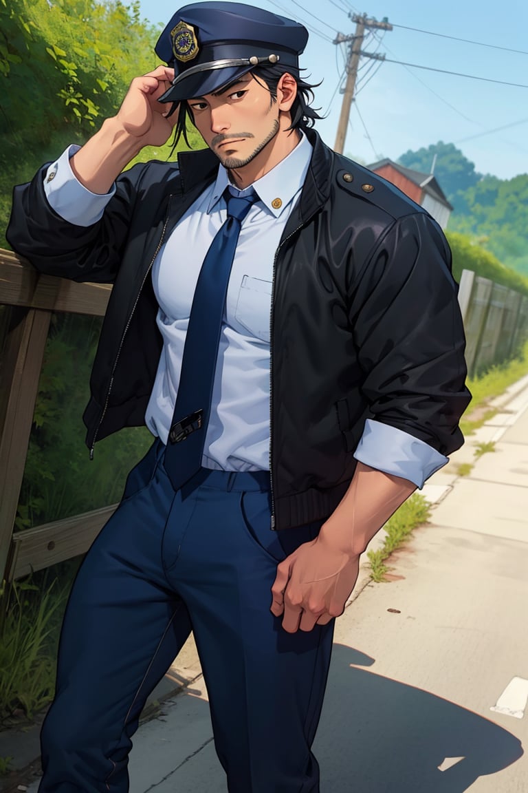 (1 image only), solo male, Agawa Daigo, Gannibal, Asian ,Japanese, black hair, short hair, (stubble), black eyes, policeman, white collared shirt, dark blue necktie, black jacket, dark blue pants, black shoes, Japanese police peaked cap, mature, handsome, charming, alluring, perfect anatomy, perfect proportions, (best quality, masterpiece), (perfect eyes), perfect hands, high_resolution, dutch angle, cowboy shot, rural .pastoral,boichi manga style, creep, suspense,<lora:EMS-304048-EMS:0.600000>