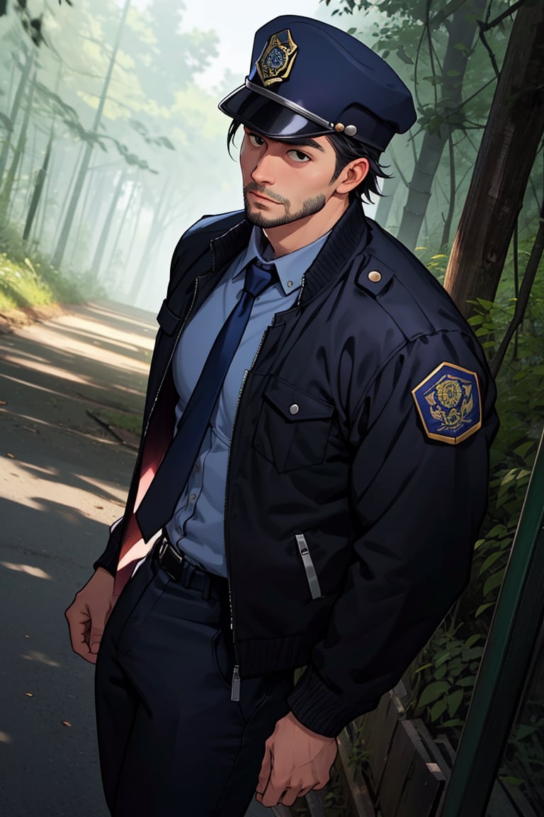 (1 image only), solo male, Agawa Daigo, Gannibal, Asian ,Japanese, black hair, short hair, (stubble), black eyes, policeman, white collared shirt, dark blue necktie, black jacket, long sleeves, buttoned up jacket, dark blue pants, black shoes, Japanese police peaked cap, mature, handsome, charming, alluring, perfect anatomy, perfect proportions, (best quality, masterpiece), (perfect eyes), perfect hands, high_resolution, dutch angle, cowboy shot, rural .pastoral, forest, creep, suspense,HORROR,<lora:EMS-210120-EMS:0.500000>,<lora:EMS-304048-EMS:0.600000>